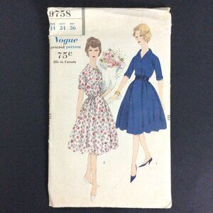 Vogue 9758 Vintage Belted Dress Sewing Pattern Size 14 Bust 34 Hip 36 1959 Uncut